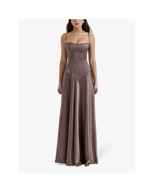 House Of Cb Anabella Lace-Up Satin Maxi Dress in Brown | Lyst