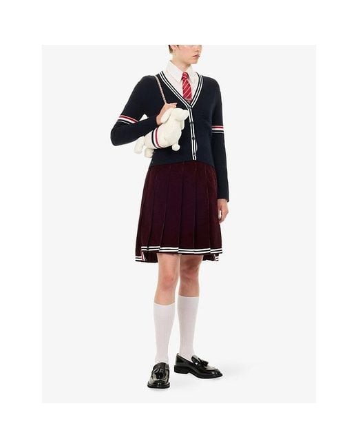 Thom Browne Purple Contrast-Stripe Pleated Corduroy Cotton Skirt
