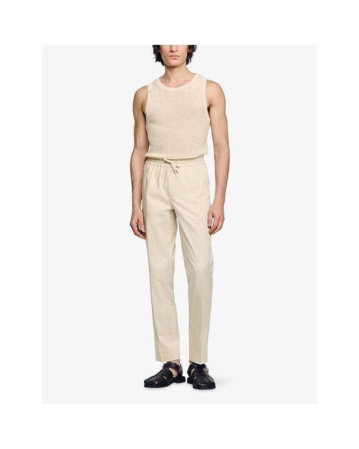 Sandro Natural Tapered Drawstring-Waist Stretch-Cotton Blend Trousers for men