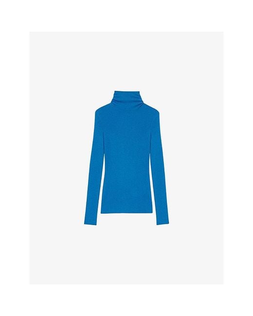 Maje Blue Roll-Neck Long-Sleeve Wool And Silk-Blend Jumper