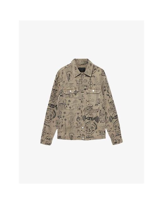 AllSaints Natural Sherb Graphic-Print Canvas Shacket for men