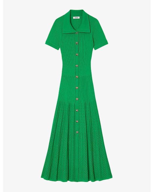 Sandro Green Button-embellished Ribbed Stretch-knit Maxi Dress