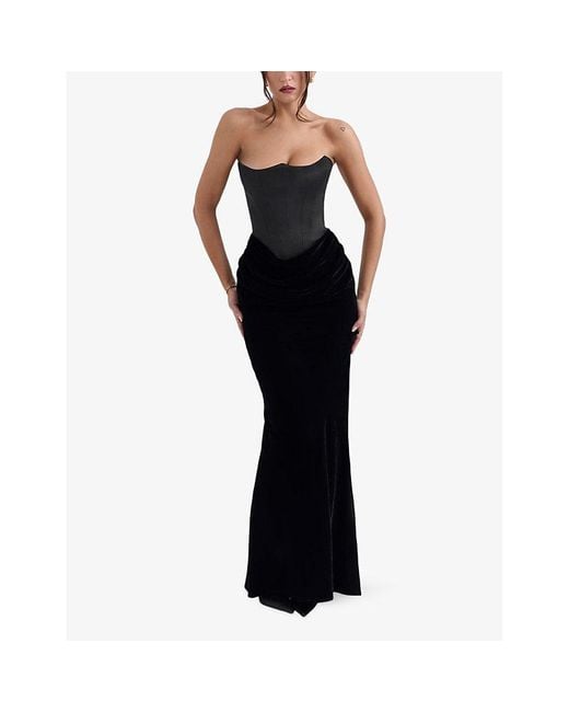 House Of Cb Persephone Corseted-Bodice Strapless Satin Maxi Dress in Black  | Lyst