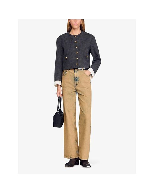 Sandro Black Rhinestone-Embellished Button-Down Stretch-Woven Jacket