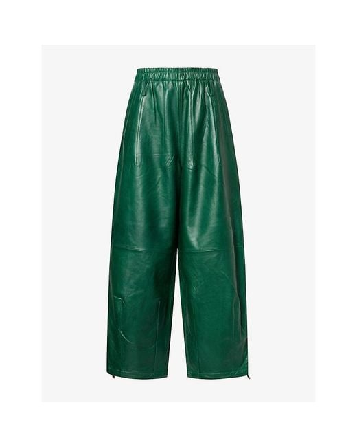 Frankie Shop Green Oakdale Wide-Leg Leather Trousers