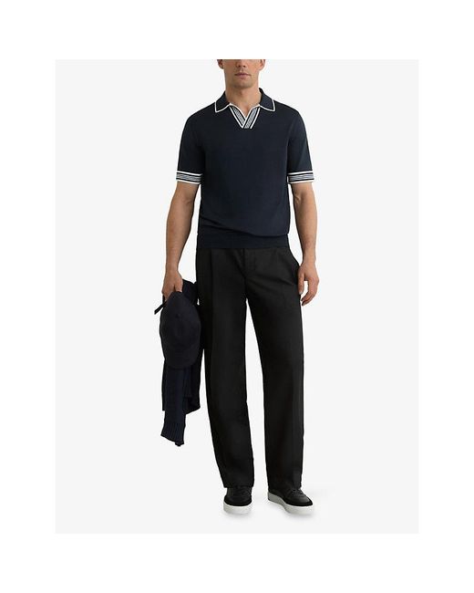 Reiss Blue Poole Striped-Trim Stretch-Knit Polo Shirt for men