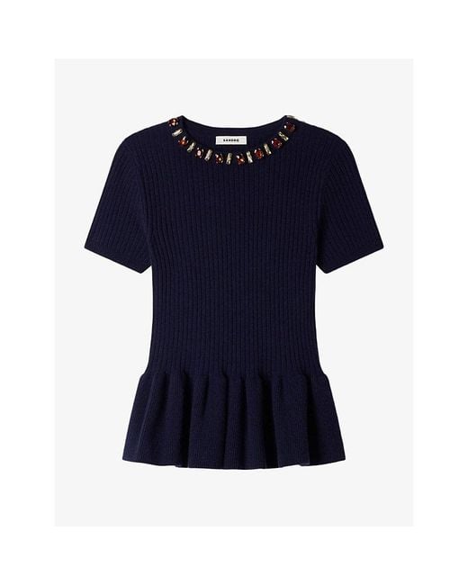 Sandro Blue Embellished-Trim Peplum-Hem Wool-Blend Jumper