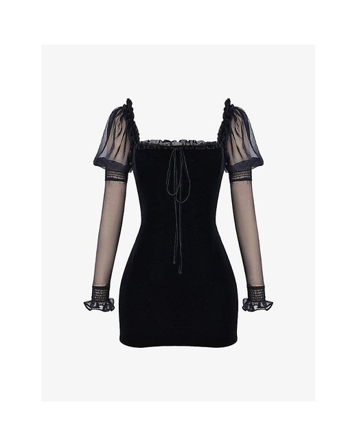 House Of Cb Black Syana Square-Neck Stretch-Velvet Mini Dress