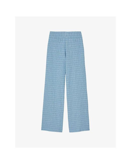 Sandro Blue Tweed-textured Wide-leg High-rise Cotton-blend Trousers