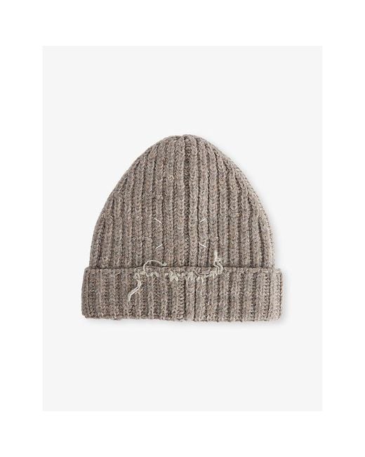 Maison Margiela Brown Signature-Stitch Ribbed Wool-Blend Beanie Hat