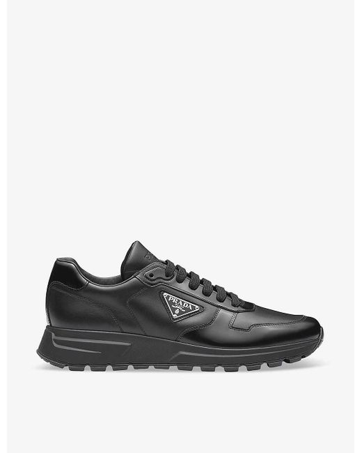 Prada Black Brand-plaque Leather Low-top Trainers for men