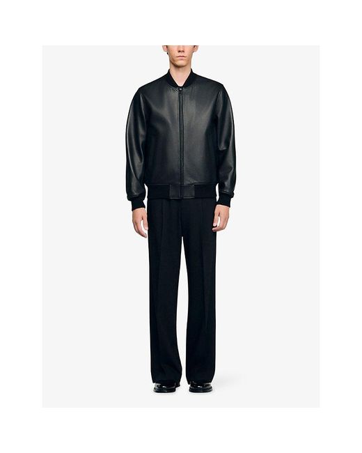 Sandro Black Round-Neck Regular-Fit Leather Jacket for men