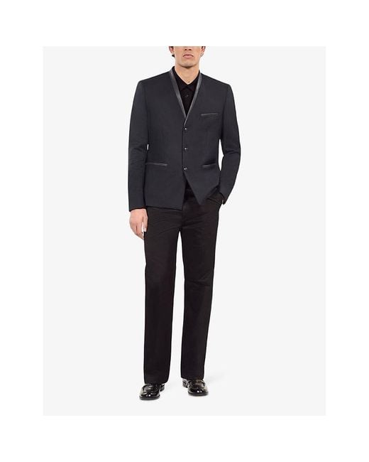 The Kooples Blue Leather-Trim Slim-Fit Wool Blazer for men