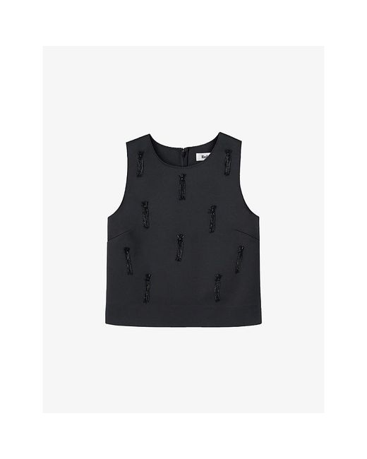 Ro&zo Black Sleeveless Bead-Embroidered Woven Shell Top