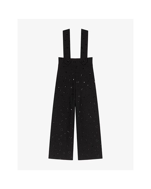 Maje Black Sequin-Embellished Detachable-Braces Stretch-Woven Trousers