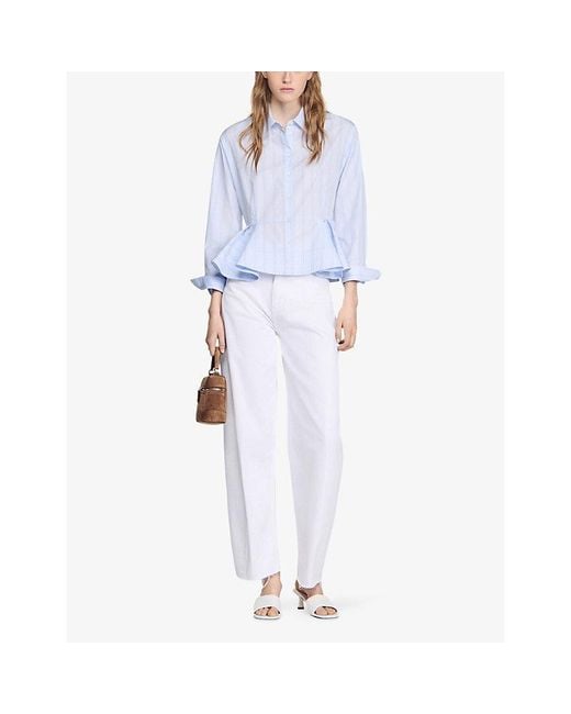 Sandro Blue Striped Peplum-Hem Cotton Shirt