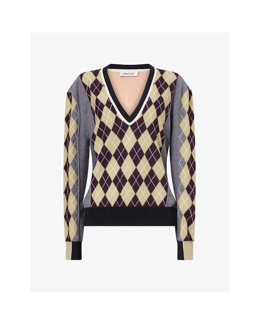 Zankov Black V-Neck Geometric-Pattern Wool Jumper