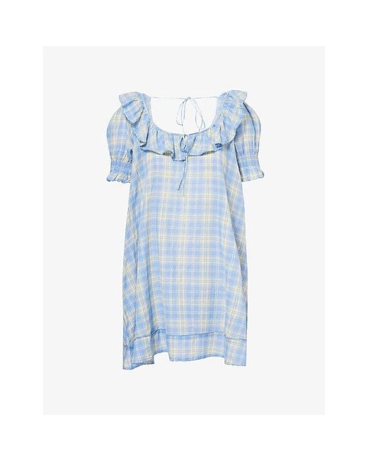 Damson Madder Blue Harlow Puff-Sleeve Cotton Mini Dress