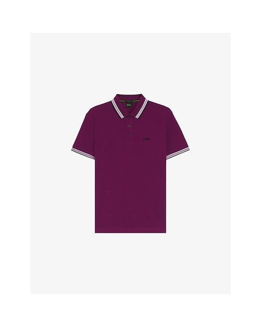 BOSS Men's Purple Brand-Embroidered Striped-Trim Cotton-Piqué Polo Shirt
