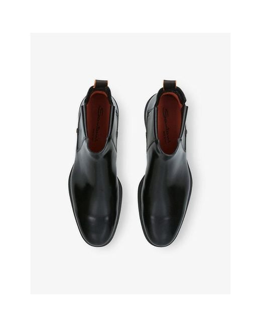 Santoni Black Easy On Leather Flat Chelsea Boots for men