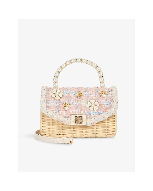 Dune Metallic Blooms Bead-Embellished Woven Top-Handle Bag
