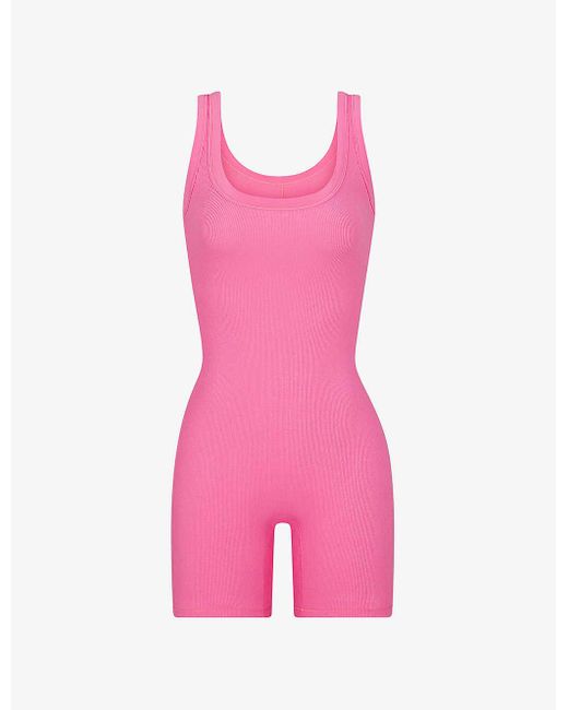 Skims Pink Ribbed Scoop-neck Stretch-cotton Playsuit