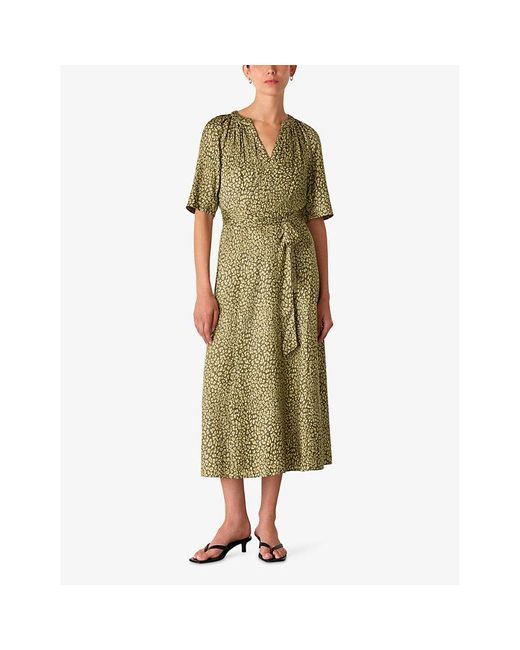 Whistles Green Leopard-Print V-Neck Woven Midi Dress