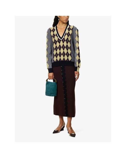 Zankov Black V-Neck Geometric-Pattern Wool Jumper