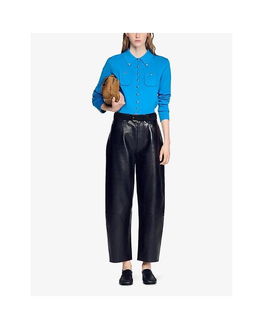 Sandro Blue Button-Embellished Patch-Pocket Wool-Blend Cardigan
