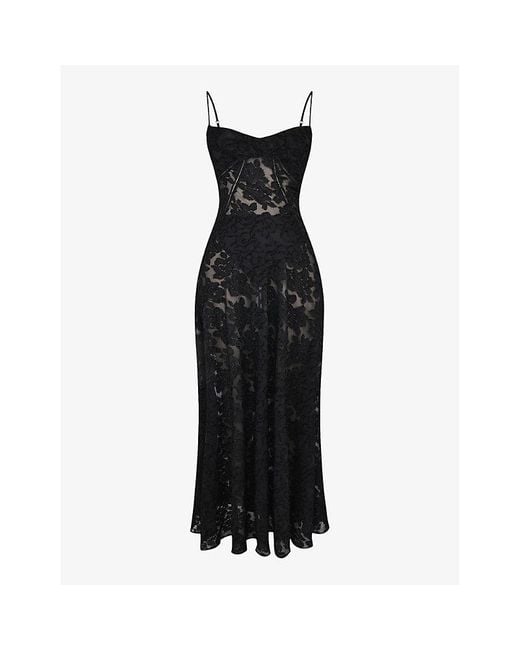House Of Cb Black Seren Corseted Floral-jacquard Woven Maxi Dress
