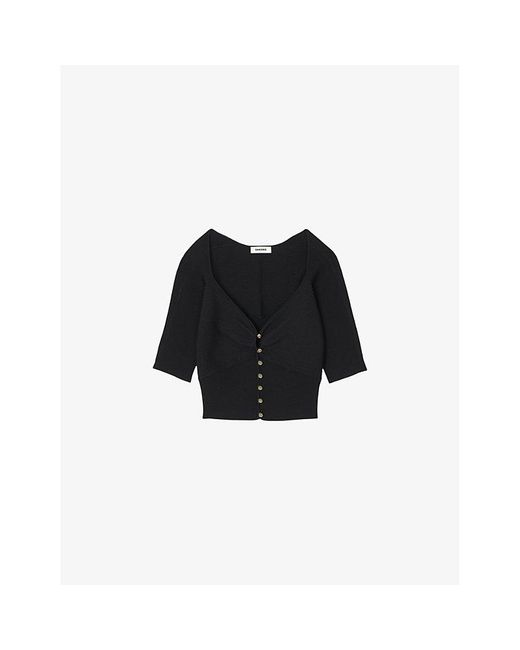 Sandro Black Sweetheart-neck Cropped Stretch-woven Cardigan