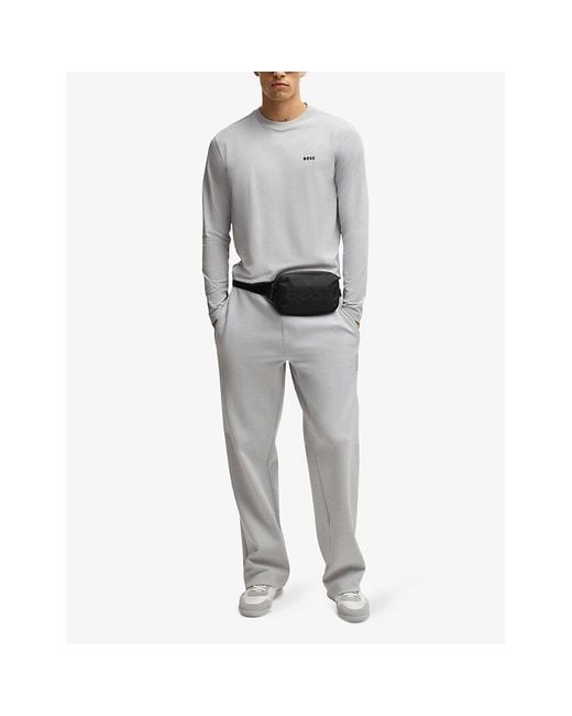 Boss Gray Brand-Print Long-Sleeve Cotton-Jersey T-Shirt for men