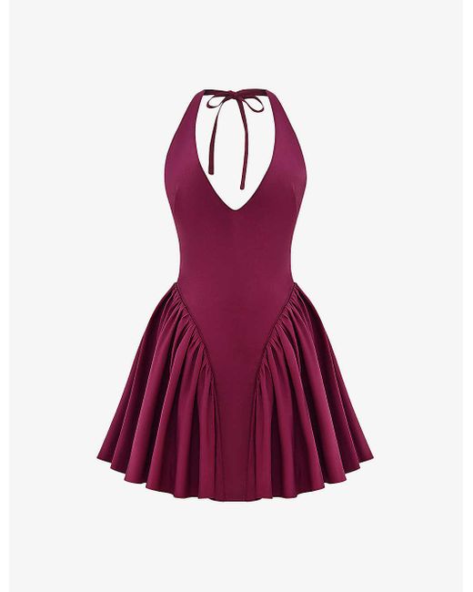 House Of Cb Purple Valentia Plunge-neck Stretch-cotton Mini Dress