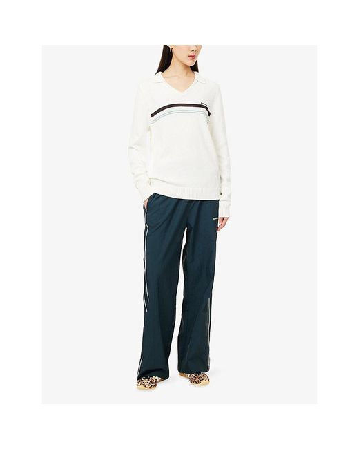 ADANOLA White Stripe-Print Knitted Cotton-Blend Polo Jumper