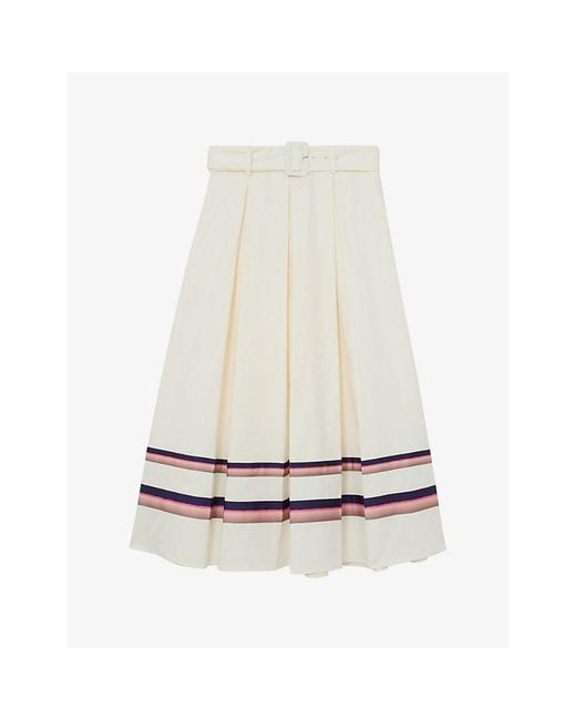 Reiss White Rian Stripe-Print Stretch-Cotton Midi Skirt