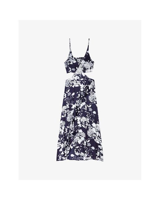 Maje Blue Floral-print Cut-out Woven Midi Dress