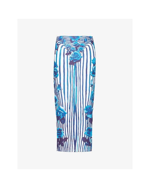 Jean Paul Gaultier Blue White Vy Striped Floral-print Stretch-woven Maxi Skirt