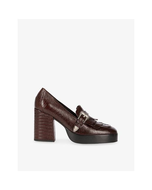 The Kooples Brown Buckle-Embellished Lizard-Embossed Leather Block-Heel Loafers