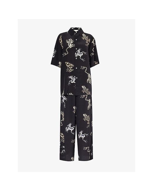Olivia Von Halle Black Alabama Graphic-pattern Silk Pyjama Set