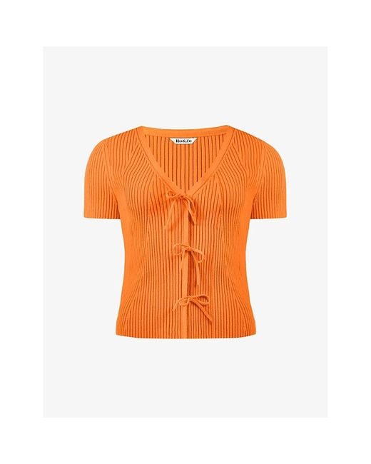 Ro&zo Orange Tie-front Short-sleeved Rib-knit Top
