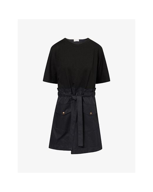 Moncler Black Belted Contrast Cotton-Blend Mini Dress