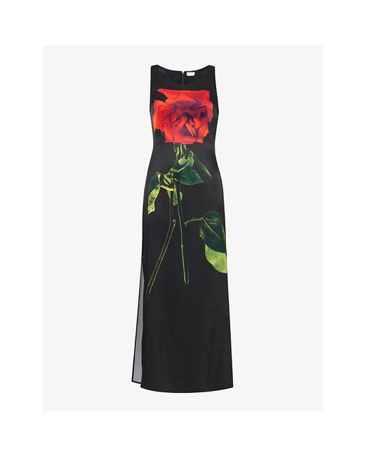 Alexander McQueen Black Rose Scoop-neck Silk-satin Midi Dress