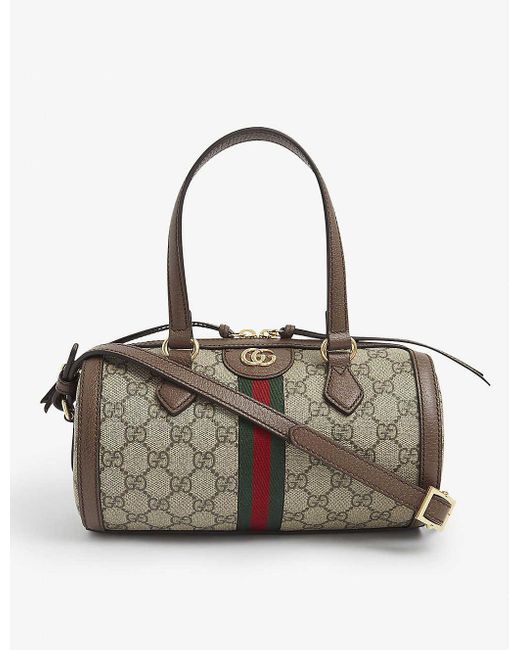 Gucci Natural Ladies Beige And Brown Leather Striped Ebony Ophidia Gg Small Boston Canvas Shoulder Bag