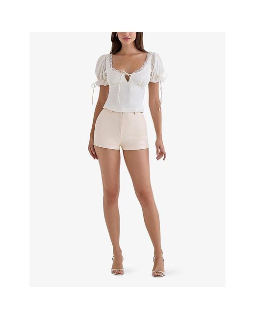 House Of Cb White Elisabetta Puff-Sleeve Lace-Trim Woven Top