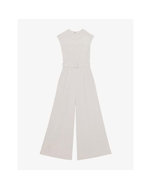Reiss White Alba Belted-Waist Stretch-Woven Jumpsuit
