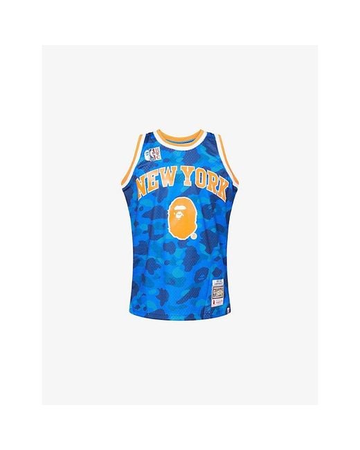 A Bathing Ape Blue Nba Knicks Camouflage-Print Mesh Jersey for men