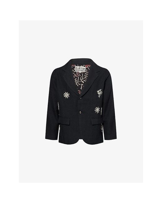 Kartik Research Black Floral Motif Embroidered Single-Breasted Wool Blazer for men