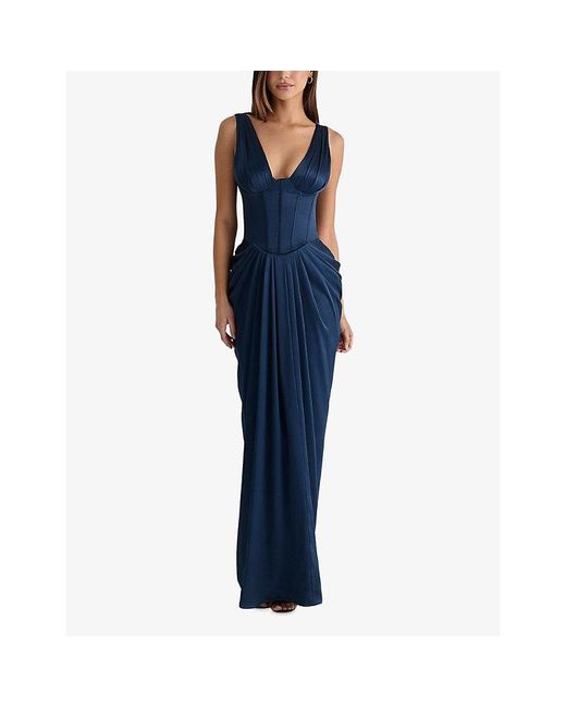 House Of Cb Blue Angeline Corset Satin Maxi Dress Xs (A-C Cup)