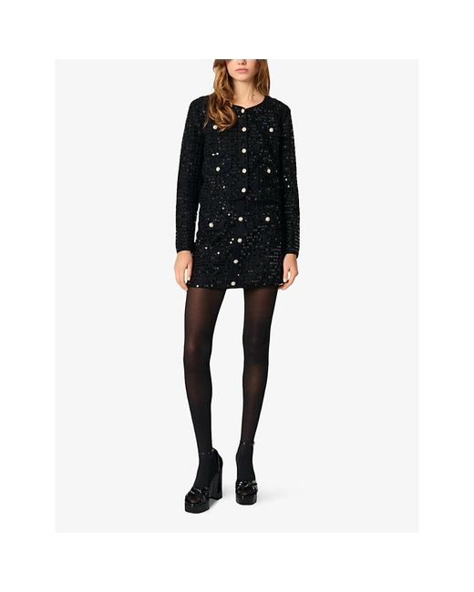 Maje Black Sequin-Embellished Button-Down Stretch-Woven Cardigan