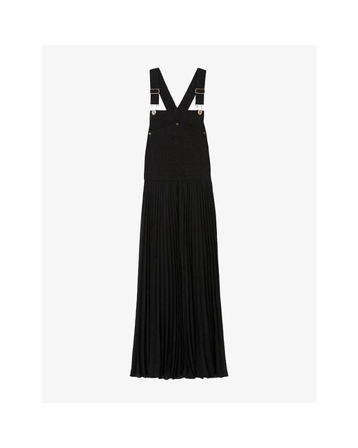 Claudie Pierlot Black Pleated-Skirt Woven Dungaree Dress